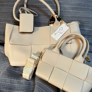 3 pc Basket weaved, Chic Cream Tote Bag with removable Scarf Accent